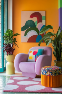 Un fauteuil et un tapis rose, un mur orange, des vases colores font de cet intérieur un espace unique. conseil en couleurs
