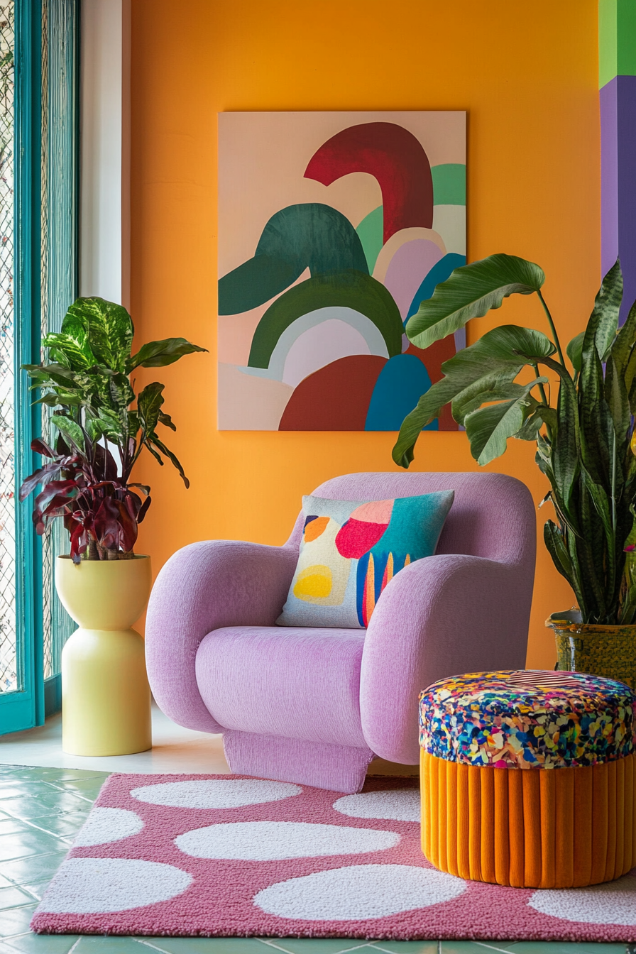 Un fauteuil et un tapis rose, un mur orange, des vases colores font de cet intérieur un espace unique. conseil en couleurs