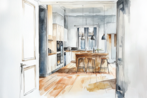 une aquarelle d'une cuisne dans un appartement de Libourne