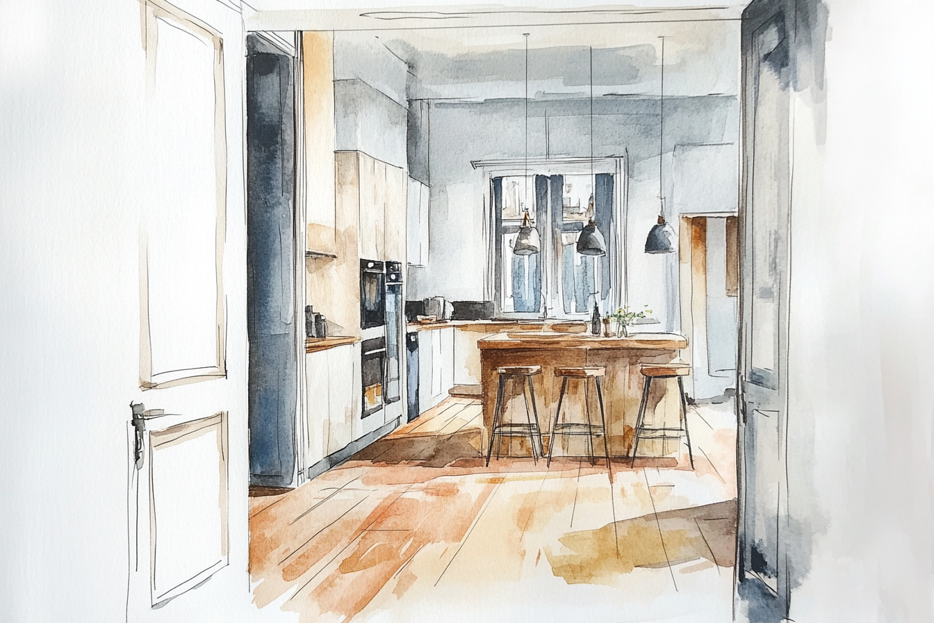 une aquarelle d'une cuisne dans un appartement de Libourne