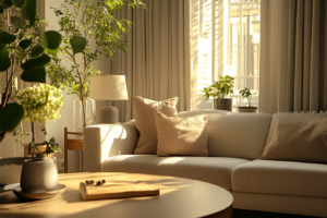 Une table basse en bois, un canape beige, et pleins de plantes dans un appartement joliment décoré.