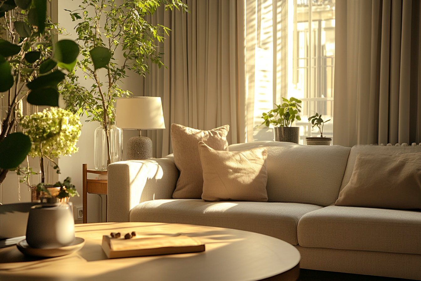 Une table basse en bois, un canape beige, et pleins de plantes dans un appartement joliment décoré.