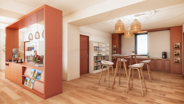 ntérieur de la médiathèque de Verac, avec un espace d'accueil et de détente, des rayonnages de livres, des assises confortables et une décoration colorée.