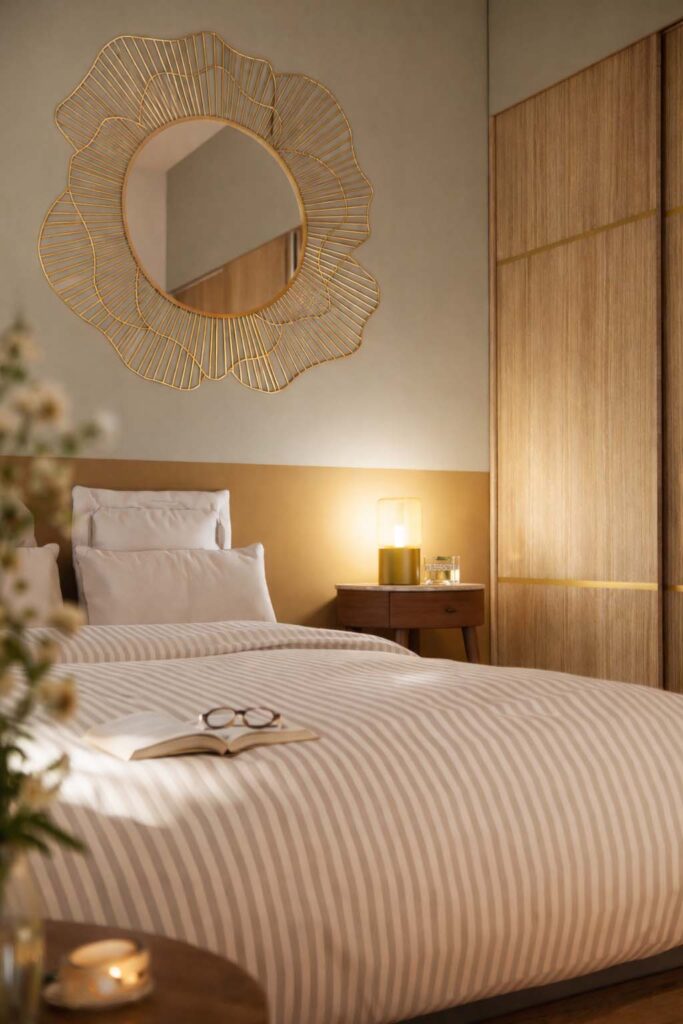 Chambre rénovée dans une maison de 90 m² à Angoulême avec mobilier en bois clair, tête de lit épurée, miroir décoratif et ambiance douce et lumineuse.