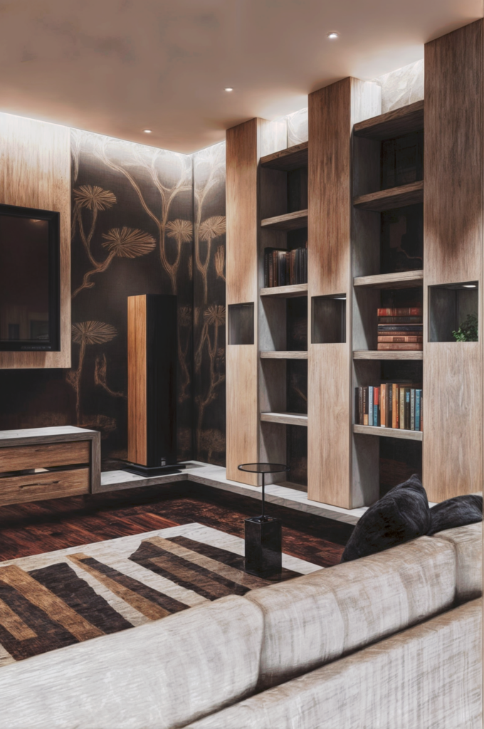 Image du salon avec bibliothèque après la rénovation par BYAA Inside à Bordeaux Pey-Berland. On y voit un mur avec du papier peint texturé, des étagères en bois intégrées, un canapé gris, un fauteuil noir et une table basse ronde.