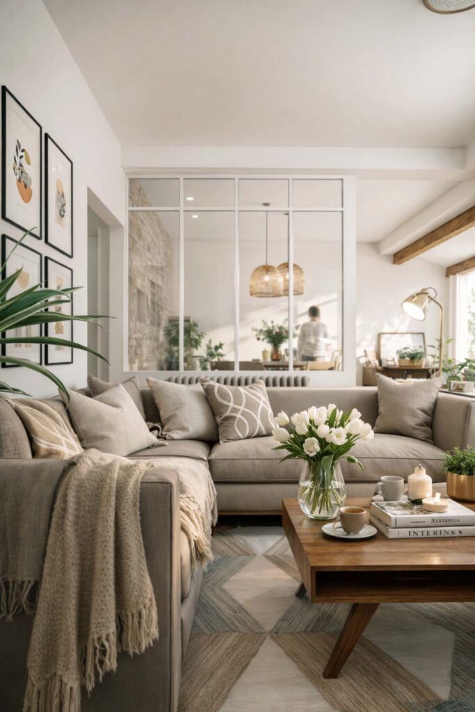 Salon rénové dans une maison de 90 m² à Angoulême avec verrière intérieure, canapé en tissu clair, parquet ancien, décoration naturelle et lumière traversante.