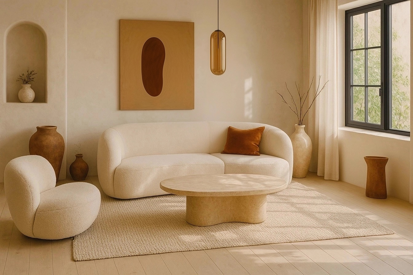 Salon moderne minimaliste avec canapé courbe en bouclé crème, coussin brun, table basse en travertin et décoration en terre cuite dans un intérieur lumineux et naturel.