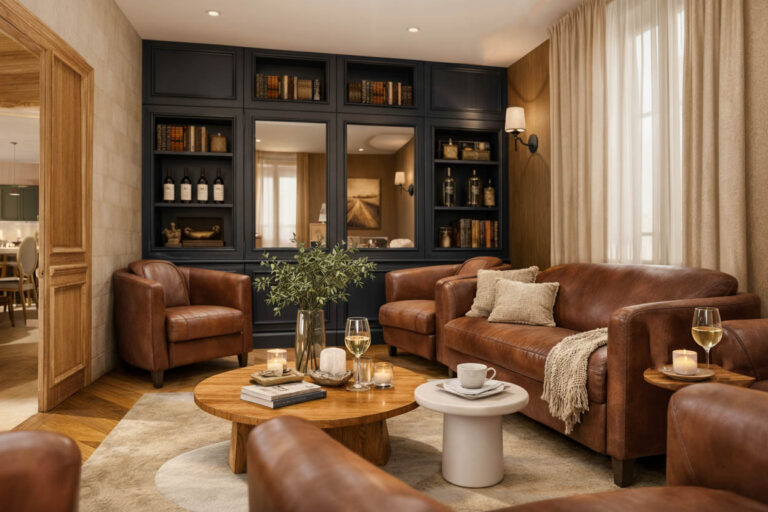 Salle de dégustation et cigare lounge dans un château viticole à Saint-Émilion, avec canapés en cuir brun, mobilier en bois et bibliothèque sur mesure, projet BYAA Inside.