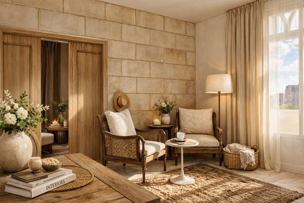 Projet d’architecture intérieure BYAA Inside : espace cosy de dégustation dans un château viticole à Saint-Émilion, avec mobilier en bois, fibres naturelles et ambiance lumineuse et apaisante.