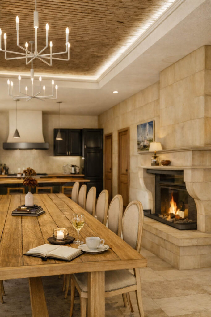 Projet d’architecture intérieure BYAA Inside : grande salle de dégustation dans un château viticole à Saint-Émilion, avec longue table en bois, cheminée en pierre, éclairage chaleureux et ambiance conviviale.