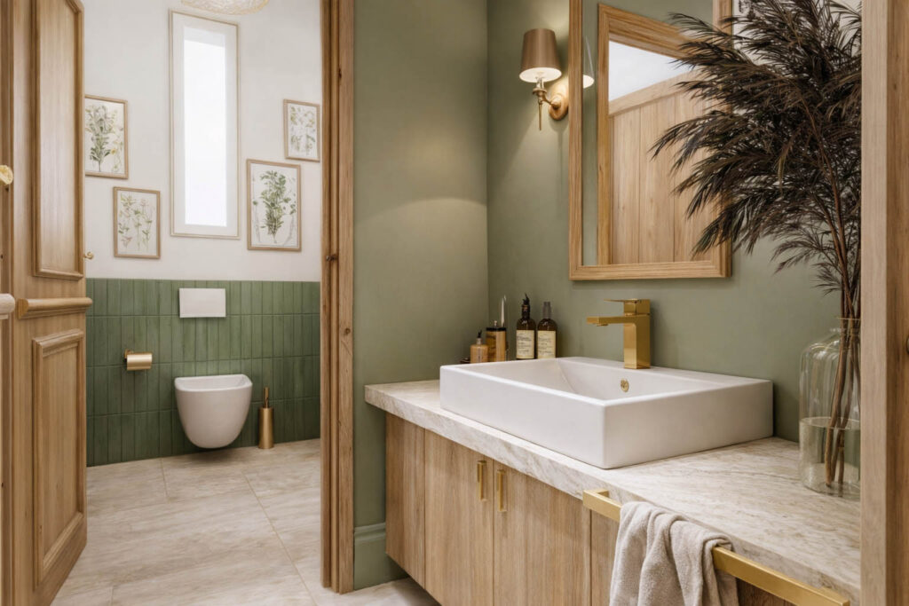 Projet d’architecture intérieure BYAA Inside : sanitaires invités dans un château viticole à Saint-Émilion, avec mobilier en bois clair, vasque blanche, robinetterie en laiton et ambiance élégante et contemporaine.